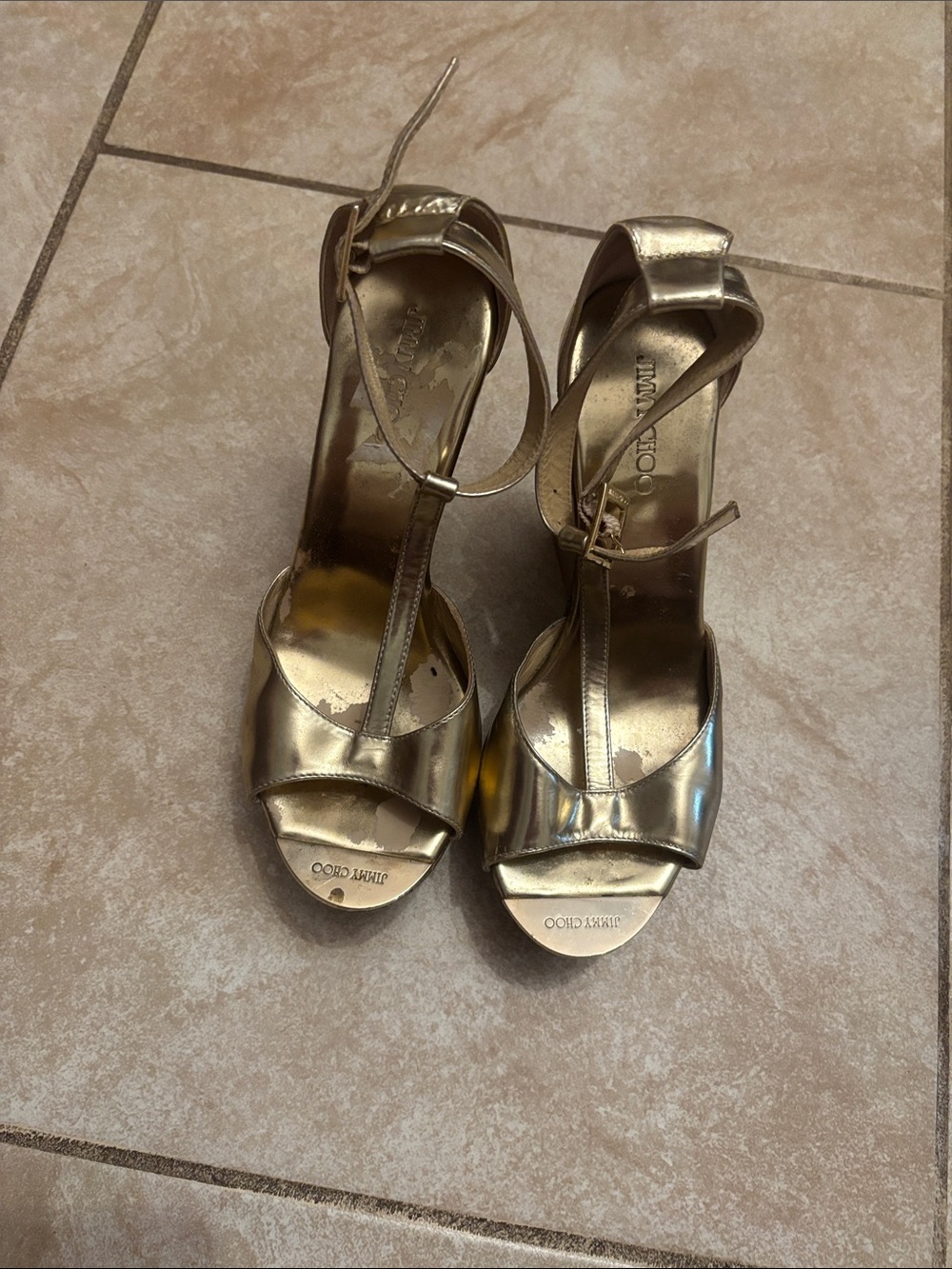 Jimmy Choo Metallic Gold T-Strap High Heel Sandals